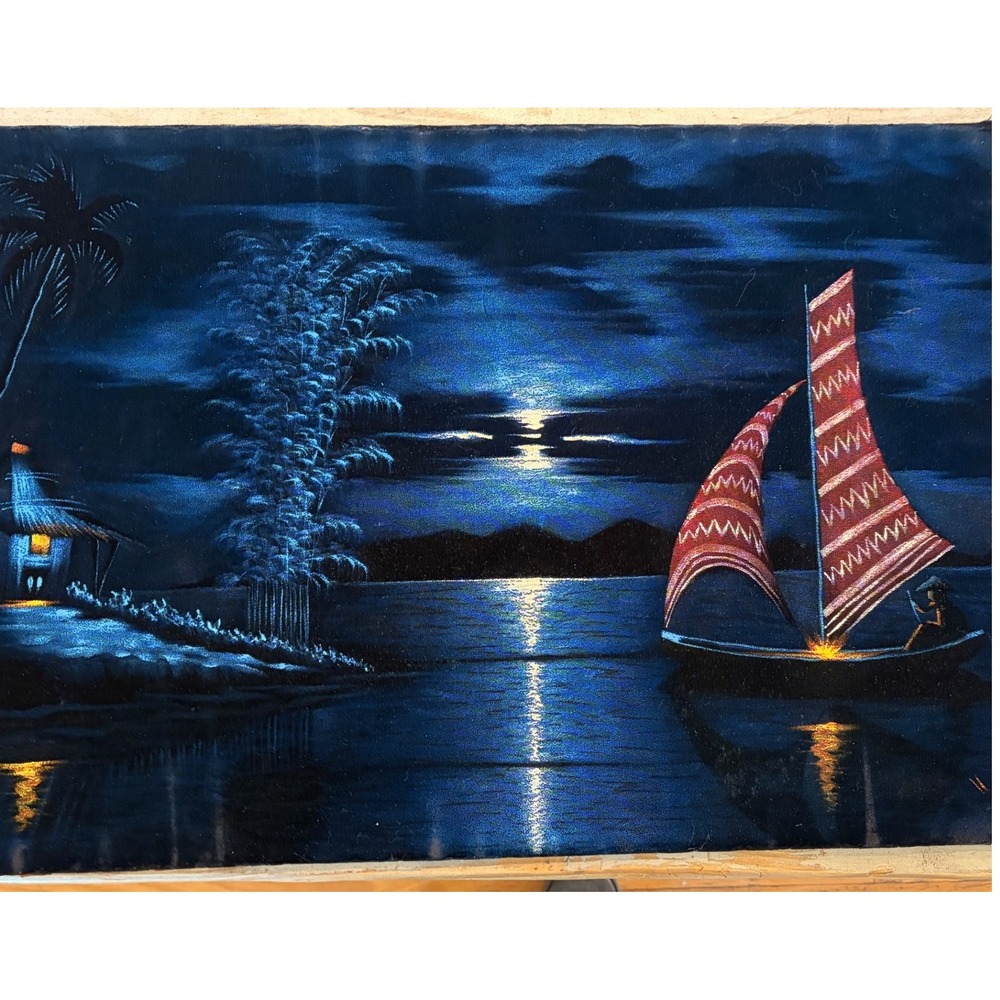 Vintage Hand Painted Black Velvet Nautical Moonlight Sailboat Scene Signed